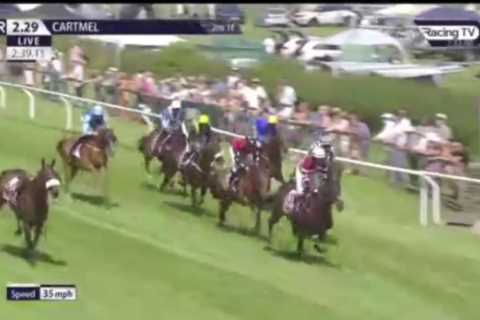 Chaos at Cartmel as horse Peltwell crashes through barrier forcing terrified crowd to flee before smashing into cars