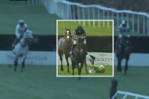 Watch loose horse cause chaos and try to headbutt two others moments after dumping jockey to the ground