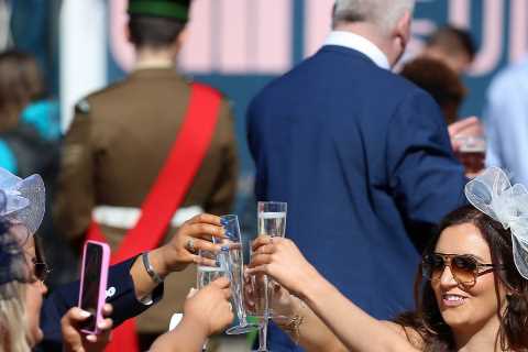 Glam racegoers dress up to the nines for the Grand National in sky high fascinators as the sun shines on Aintree