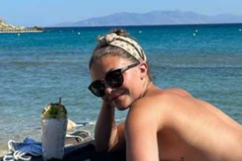 Megan Nicholls goes topless as jockey boyfriend Kevin Stott jokes ‘not a bad view’ during romantic holiday in Greece